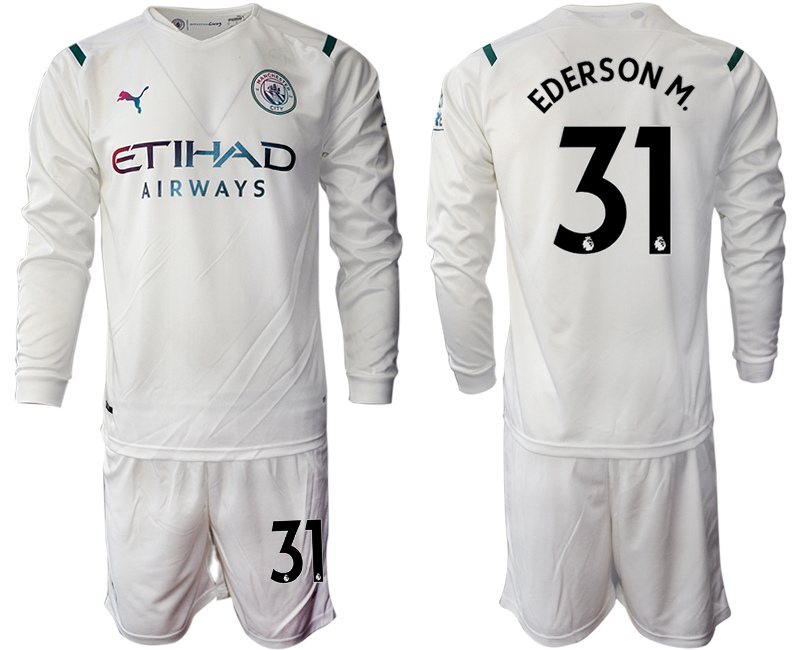 Men 2021-2022 Club Manchester city away white Long Sleeve #31 Soccer Jersey
